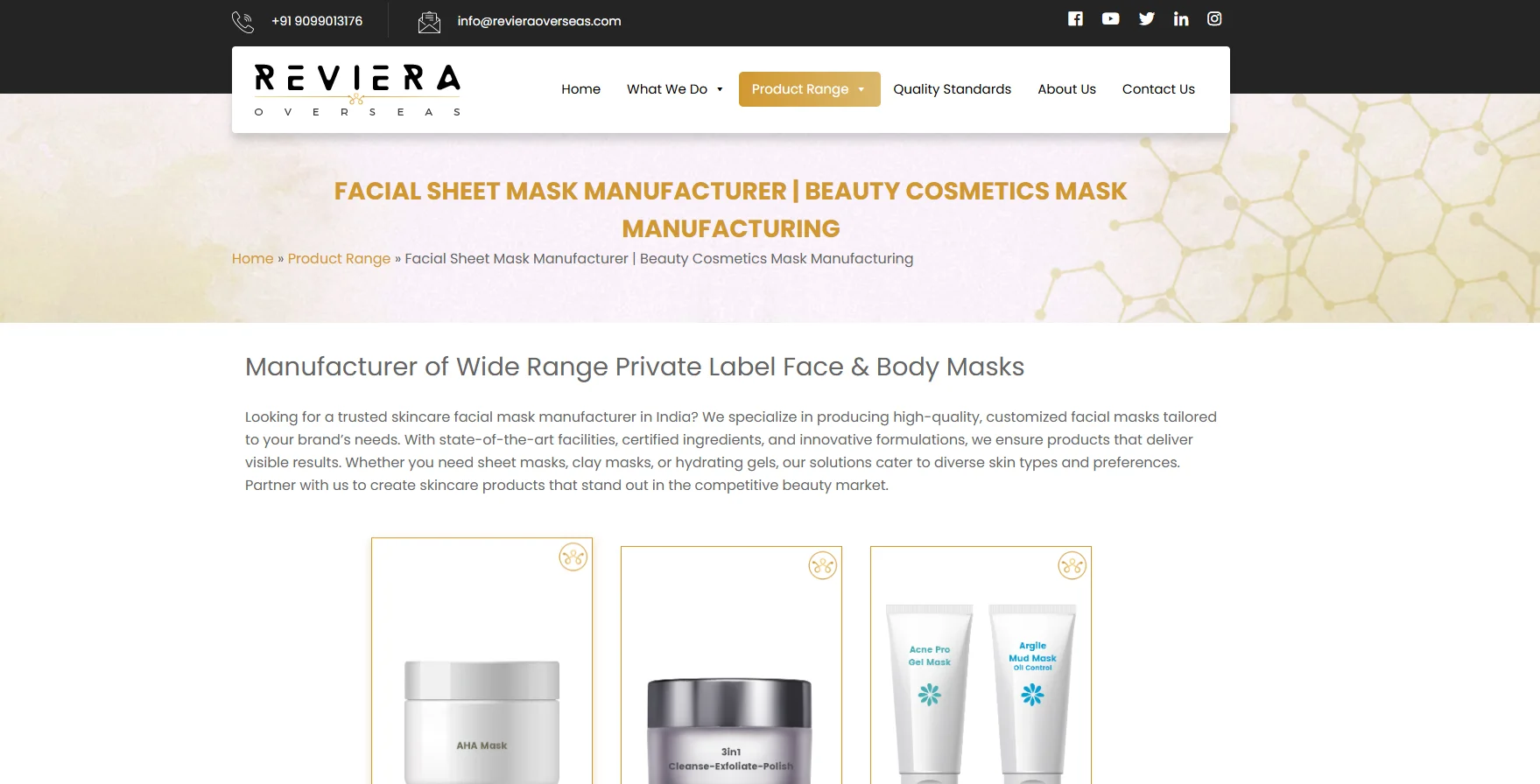 Website screenshot of Reviera Overseas focusing on facial sheet mask manufacturing with product range details.